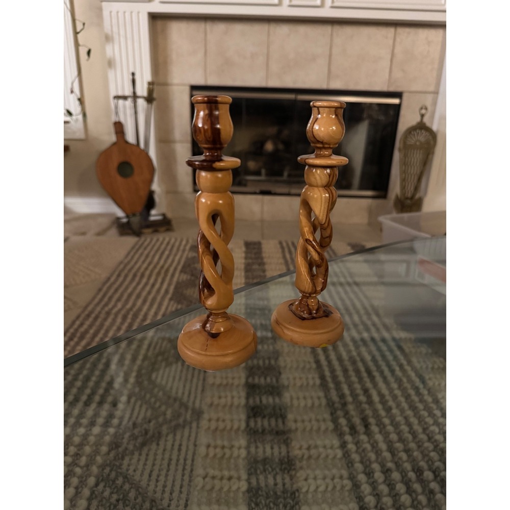 Vintage Olive Wood Barley Twist Candle Holders Set of 2 Hand Turned Felt Bottom
